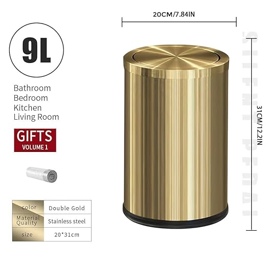 9L/2.4Gal Gold Trash Can,Brass Bathroom Garbae Can with Flipping Lid,Small Brass Garbage Can for Office, Laundry Room,Bedroom,Hotel