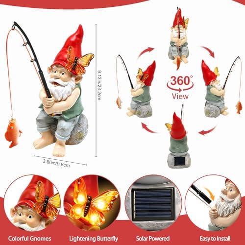 Solar Garden Gnome Statues, Outdoor Fishing Gnome with Butterfly Solar Lights Waterproof, Birthday Gifts for Mom Women Christmas Mother's Day, Garden Figurines for Yard Decor Patio Lawn Ornaments