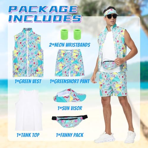 80s Outfit for Men, Neon Retro Workout Costume Set with Accessories