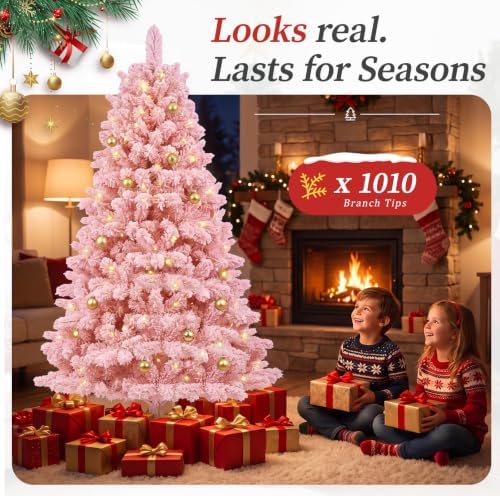 CASA CLAUSI 6ft Artificial Christmas Tree Unlit Pine Xmas Tree,Flocked Pink