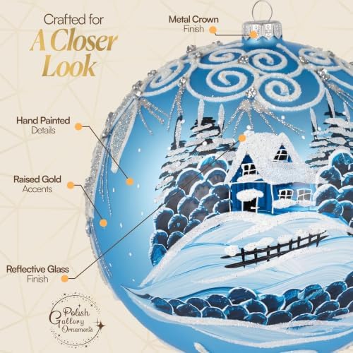 Hand Blown Glass Christmas Ornaments Ball, Wonderland Blue 8 in + Stand
