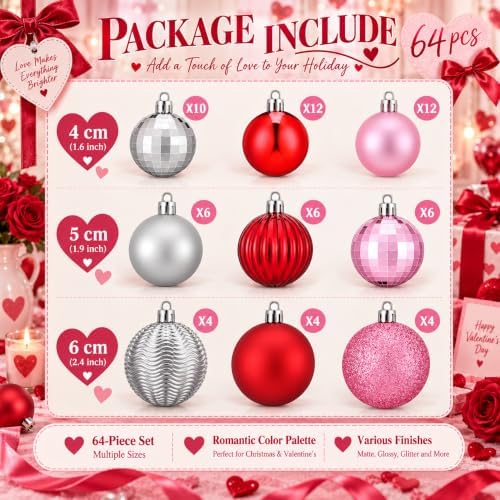Lunmon 64 Pcs Pink and Red Silver Christmas Ornaments Glitter Xmas Bulbs