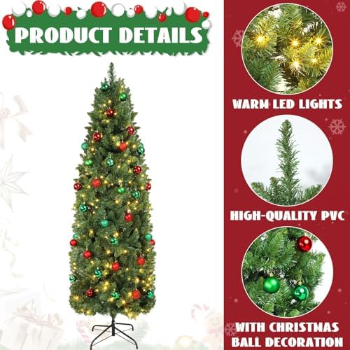41 Pcs 7 Ft Artificial Slim Christmas Tree with 250 LED Warm White String Lights 40 Red Green Ball Ornaments Skinny Thin Pencil Tree with Metal Stand for Home Xmas Holiday Party Decoration