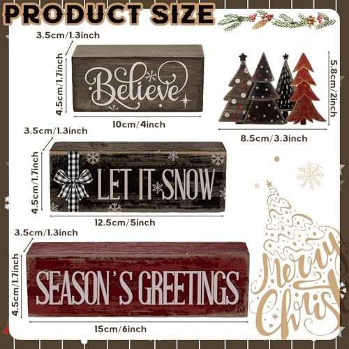 Moucuny 4 Pcs Christmas Decor Wooden Block Signs for Tiered Tray Table