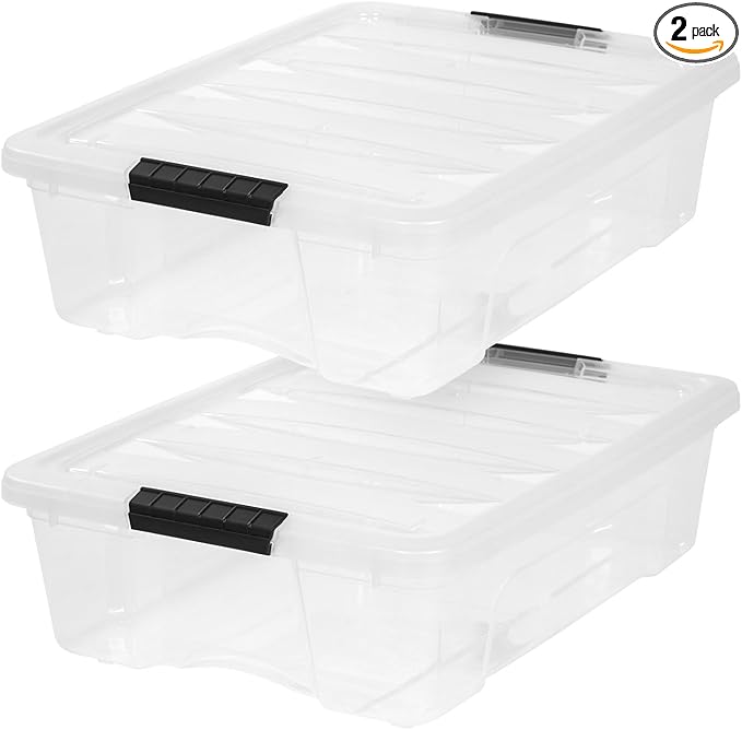 IRIS USA 27 Qt Stackable Plastic Storage Bins with Lids, 2 Pack - BPA-Free, Made in USA - Discreet Organizing Solution, Latches, Durable Nestable Containers, Secure Pull Handle - Clear