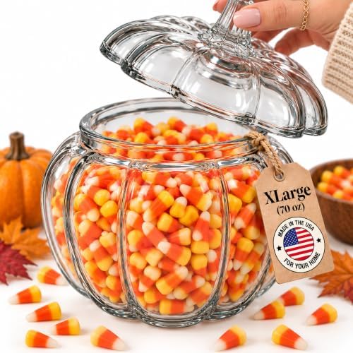 HOMESPHERE 70 oz. Glass Pumpkin Candy Jar with Lid – Large Storage Container for Halloween Treats, Candies and Cookies and Fall Décor Display