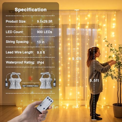 JMEXSUSS 900 LED Curtain Lights, Outdoor String Lights Indoor, 9.5x29.5ft