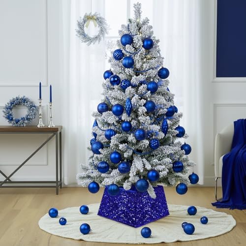 XmasExp Christmas Tree Collar, 24 inch Sequin Tree Skirt Stand Base Cover for Home Decor, Medium Size 4 Piece, Blue