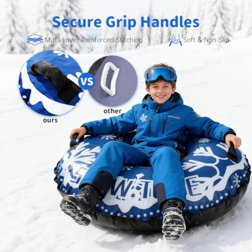 Snow Tube, Heavy Duty Inflatable Snow Sled with Reinforced Cover, Snow Sleds with Handles, Suspended Seat and Pull Rope for Winter Sledding