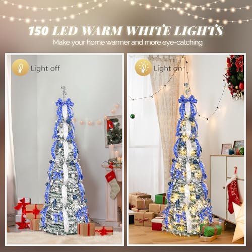 VINGLI 6ft Pre Lit Pop Up Flocked Pencil Christmas Tree with 150 Lights, Fully Decorated Collapsible Holiday Party Decoration (Blue&Silver)