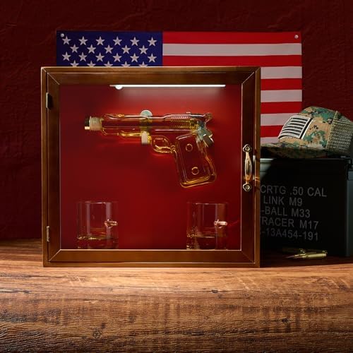 The Wine Savant Pistol & Bullet Shot Glasses Hanging Wall Display Case With Light - 7.7 Pistol Gun Decanter & 10oz Glassware - Military, Veteran Gifts, Law Enforcement Home Bar, Drinking Accessories