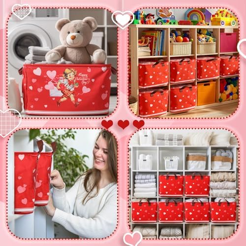 CHENGU 6 Pack Valentine's Day Storage Basket Vintage Valentine's Day Basket for Gift Collapsible Red Heart Holiday Decor Retro Large Bin Foldable Waterproof Box with Handle for Bedroom Laundry Nursery