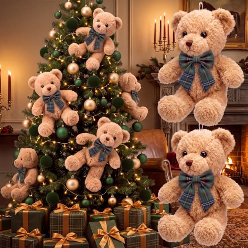 Chalyna 6 Pack Christmas Teddy Bear Decor with Velvet Tartan Bow, Green