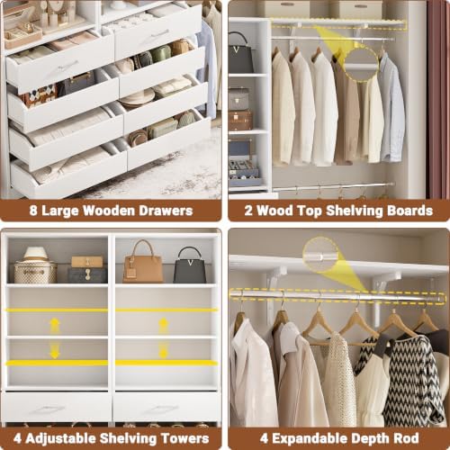 Aheaplus Closet System, Wood Closet Organizer System with 8 Drawers &4 Rods