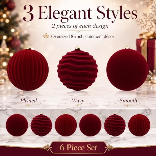 Hollowfly 6 pcs 8 Inch Burgundy Red Large Velvet Christmas Balls Ornaments
