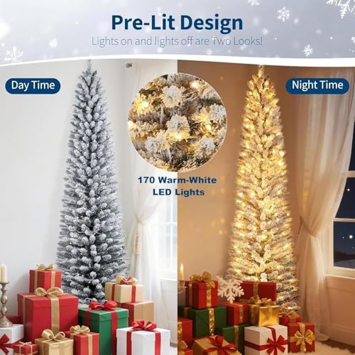 Garvee 6 ft Pencil Prelit Christmas Tree, Snow Flocked Xmas Tree
