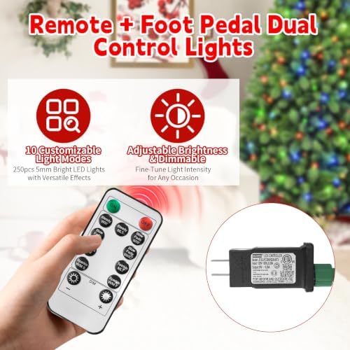 6FT Pre-Lit Artificial Christmas Tree, 856 PVC Tips, 250 Warm White & Multicolor LED Lights, 10 Modes, Remote Control & Foot Switch, Hinged Easy Assembly, Indoor Holiday Decor
