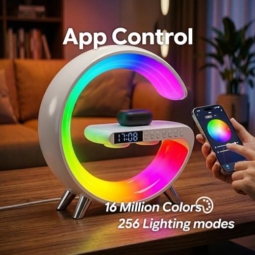 Smart LED Table Lamp Alarm Clock for Bedroom with Wireless Charging Bluetooth Speaker, App Controlled Night Light for Kids, Christmas Birthday Gifts for Teens Adults Desk Office Bedroom Decor (White）