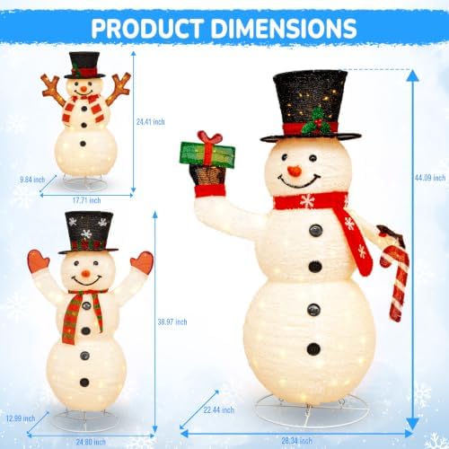 Hykolity 3.7 FT Collapsible Pop-Up 3D Lighted Snowman Family Set of 3, Outdoor Christmas Snowman Decorations with 250 Warm White LED Lights for Yard, Lawn and Porch
