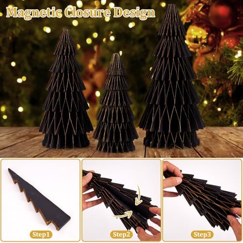 SUNBEAUTY 3PCS Black and Gold Honeycomb Paper Christmas Tree, 3D Christmas Tree Table Centerpiece with Magnetic Attachment,Christmas Winter Newyear Party Holiday Home Decor