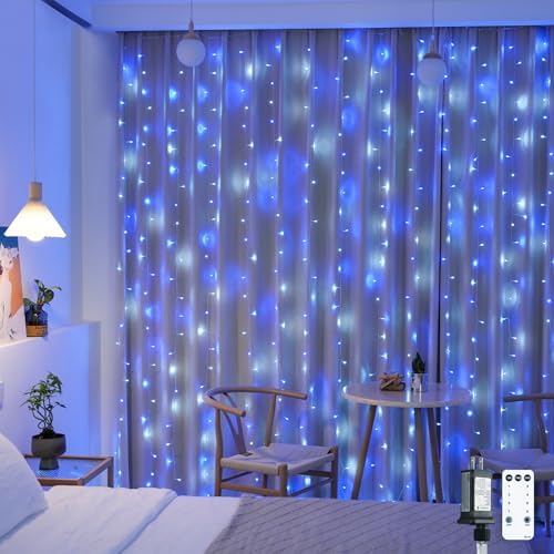 JMEXSUSS 300LED Christmas Curtain Lights Plug in, Blue and White, 9.8x9.8ft