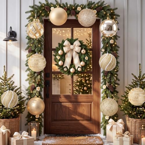 Lyrow 8 Pcs Champagne Large Christmas Ball Ornament 6 Inch Hanging Ornament