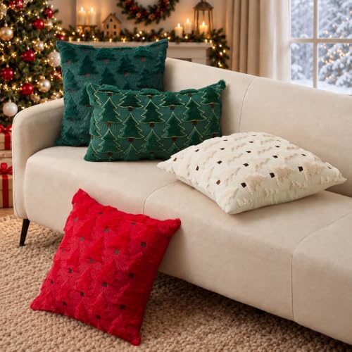 Allorry Christmas Pillow Covers 12x20 inch Set of 2 Christmas Decorations Soft Plush Faux Fur Wool Green Christmas Tree Throw Pillow Cases Winter Holiday Decor for Sofa Living Room PT-012A12