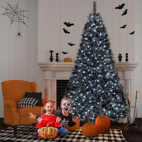 HAPPYGRILL 8 FT Pre-lit Black Christmas Tree, Artificial Halloween Tree w/860 Branch Tips, Frosted Pine Needles, 450 White LED Lights, Folding Metal Stand & Gloves, Hinged Xmas Tree for Carnival