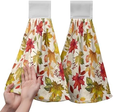 2 Pcs Fall Maple Leaves Hanging Kitchen Towels with Loop Autumn Thanksgiving Hand Tie Towels Fast Drying Dish Washcloths Soft Absorbent Fingertip Bath Towel for Bathroom Farmhouse Decor