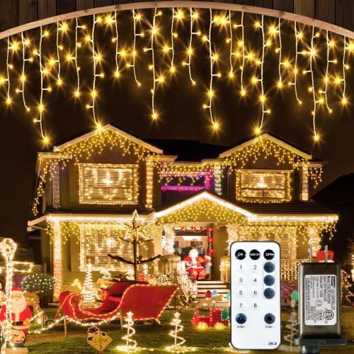 ROOR Christmas Icicle Lights, Outdoor String Lights, 66FT 640LED Warm White