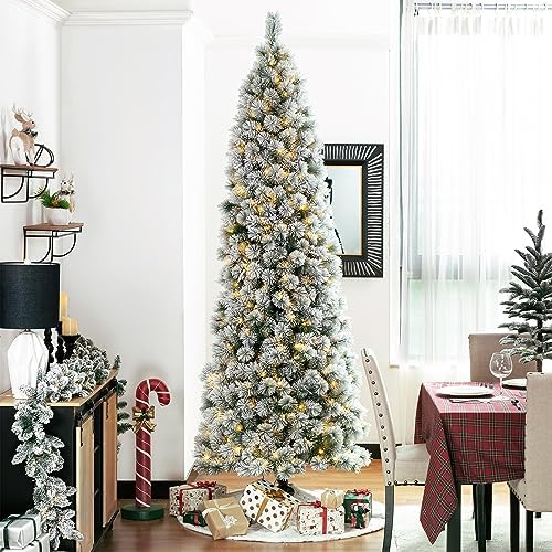 Glitzhome 9ft Prelit Christmas Tree, Flocked Pencil Artificial Christmas Tree with 500 Warm White Lights, Pine Christmas Trees w/Foldable Metal Stand for Home, Office, Party Decoration, Easy Assembly