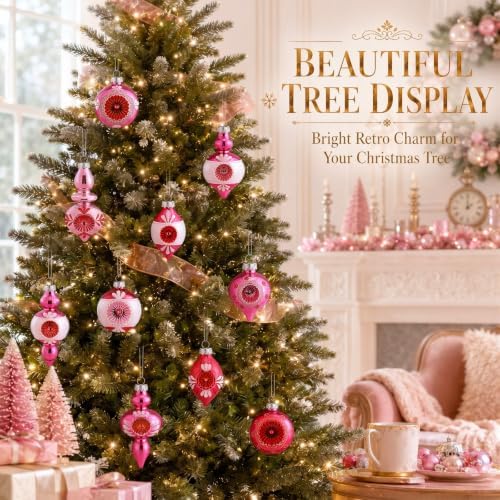 Soulchen 10 Pcs Vintage Glass Christmas Ornaments, Assorted, Pink