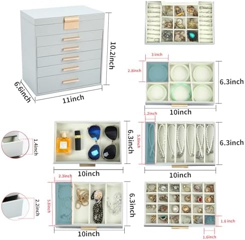 BOOVO Jewelry Boxes for Women, White and Black 6 Layer Large Jewelry Box for Necklace, Bracelet, Earrings, Rings Storage, Jewelry holder Organizer for Girls Gift (Grey and Gold, 6 layer)