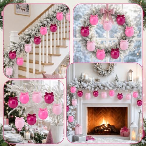 Hollowfly 9 Pcs 4 Inch Pink Glass Christmas Ornaments with Velvet Bow