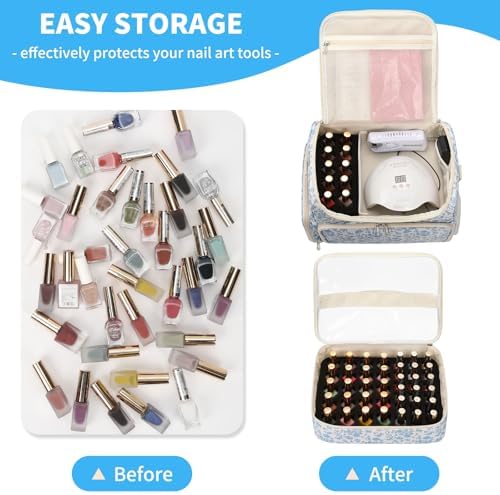 CUBETASTIC Extra Large Nail Polish Organizer Case Holds 86 to 100+ Bottles Nail Polish & Nail Lamp, Nail Supplies Storage Carrying Bag with 2 Removable Pouches (Blue Floral, 86 Slots)