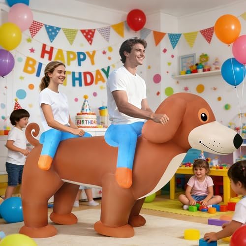 Adult Two Person Double Couple Riding Dachshund Dog Inflatable Costume Quick-Inflate Air Blow Up Outfit for Halloween Christmas Theme Party Team Building