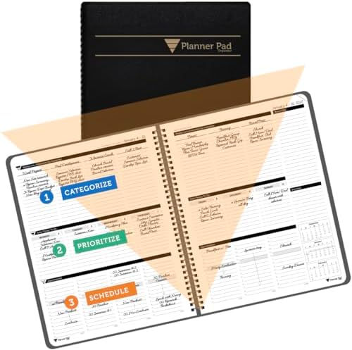 Planner Pad Spiral Bound January-December 2027/ Calendar Year 8 1/2" x 11" Large 3-Tier Funnel Down 12 Month/Weekly Organizer, Black Cover/Black Ink