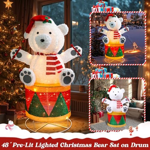 4 FT Lighted Christmas Drum Bear, Pre‑Lit Outdoor Yard Decor