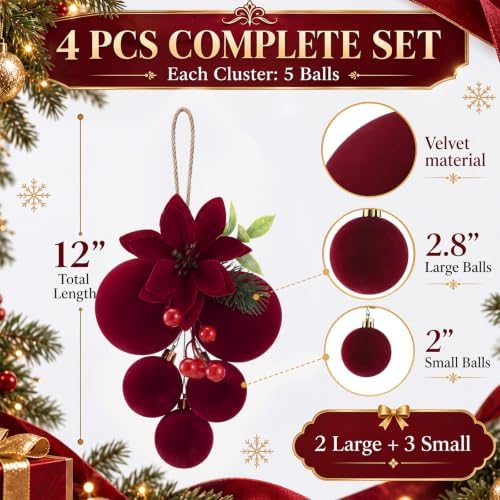 Thenshop 4 Pcs 12" Christmas Ball Ornament for Xmas Tree,Burgundy