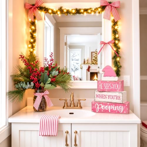 Moucuny 4 Pcs Funny Christmas Bathroom Decor Pink Santa Hat Wooden Signs