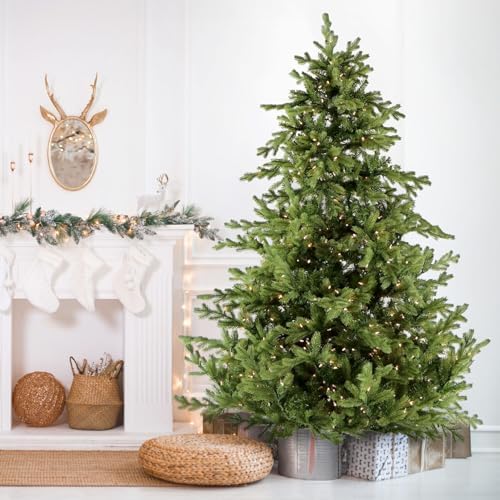 Fraser Hill Farm Woodside Pine Christmas Tree, 9 Feet Tall, Faux Xmas Tree Includes Warm White LED Lights with Easy to Connect Features, Great Indoor Holiday Décor