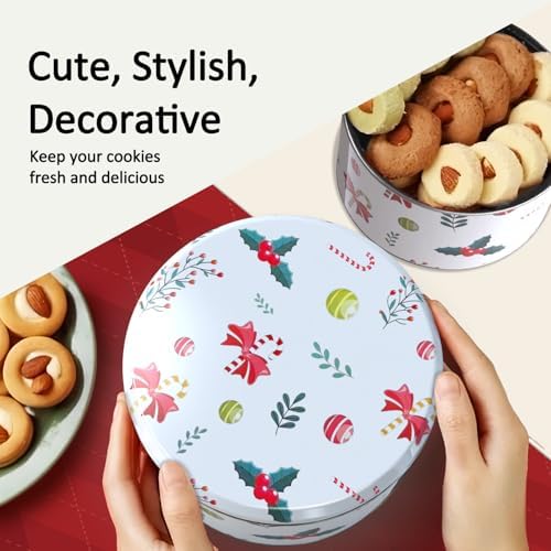 Chiristmas ornament Style Cookie Tin, 6Packs Metal Round Cookies Containers, Tin with Lid for Xmas, Multicolor 16.5 * 16.5 * 8.5Cm