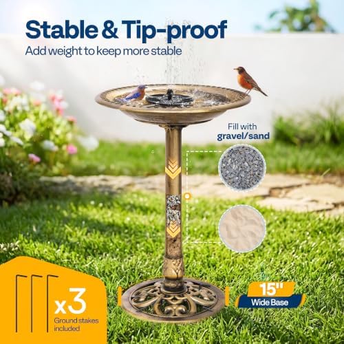 VIVOHOME Bird Bath with Solar Fountain for Outside, Pedestal, Golden