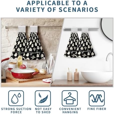Halloween Kitchen Hanging Towel Set of 2 Black White Spooky Ghost Kitchen Hand Towels with Hanging Loops Dish Washcloth Soft Absorbent Bath Tie Towel for Bathroom Decor