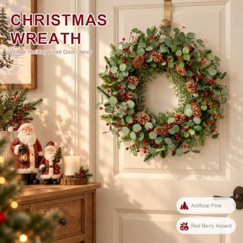 Christmas Wreath 24 Inch Christmas Wreaths for Front Door Xmas Red Berry Wreath with Green Eucalyptus Leaves Pine Cones Red Berries for Wall Window Porch Xmas Holiday Winter Decorations