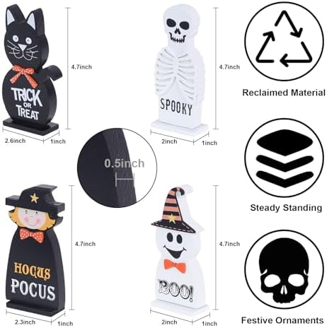 Halloween Decorations Indoor, DECSPAS 4 PCS Wood Blocks Halloween Table Decor, Ghost Black Cat Skull Witch Gothic Tabletop Ornaments, Hocus Pocus Decorations for Home, Tiered Tray, Shelf, Mantel