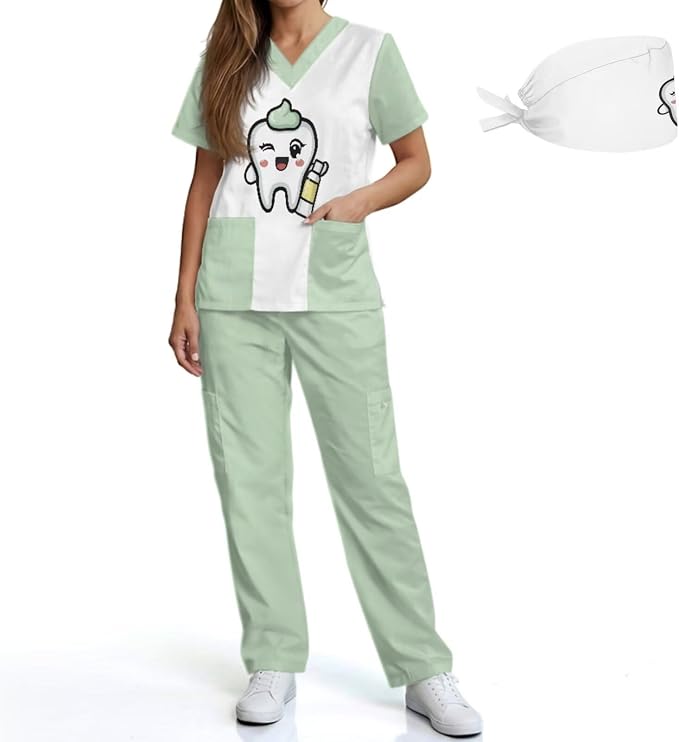 Gomyblomy Women's Scrubs Suit 3-Piece Set | Teeth Print V-Neck Top & Pants & Cap, Breathable and Stretch Fabric, S-5XL