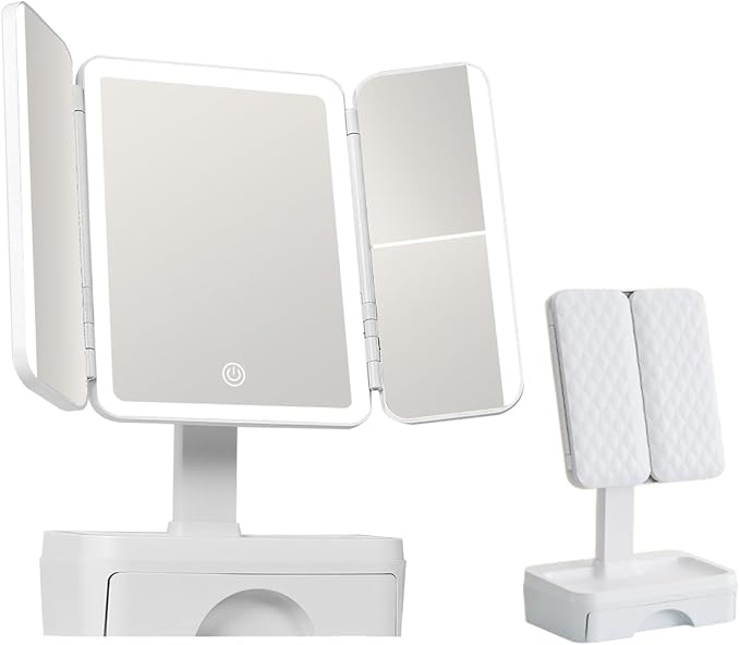 Tri Fold Lighted Makeup Mirror with Storage & 3X Magnification, Small Vanity Mirror, 3-Color Dimmable LED Vanity Mirror, Touch Control Vanity Mirrors, Travel Makeup Mirror for Women (White)