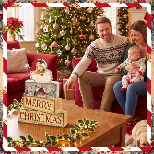 Lineshading 4 Pcs Vintage Christmas Table Decoration Wooden Santa Claus Decor Merry Christmas Tiered Tray Decor Decorative Santa Claus Block Sign Gift Farmhouse Xmas Table Centerpiece for Home Kitchen
