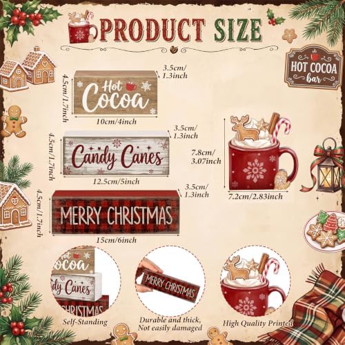 Moucuny 4 Pcs Christmas Table Decorations Wooden Hot Chocolate Cocoa Stacked Wooden Blocks Christmas Tiered Tray Decor with Cocoa Mug, Candy Canes Winter Centerpiece for Home Offiece Coffee Bar